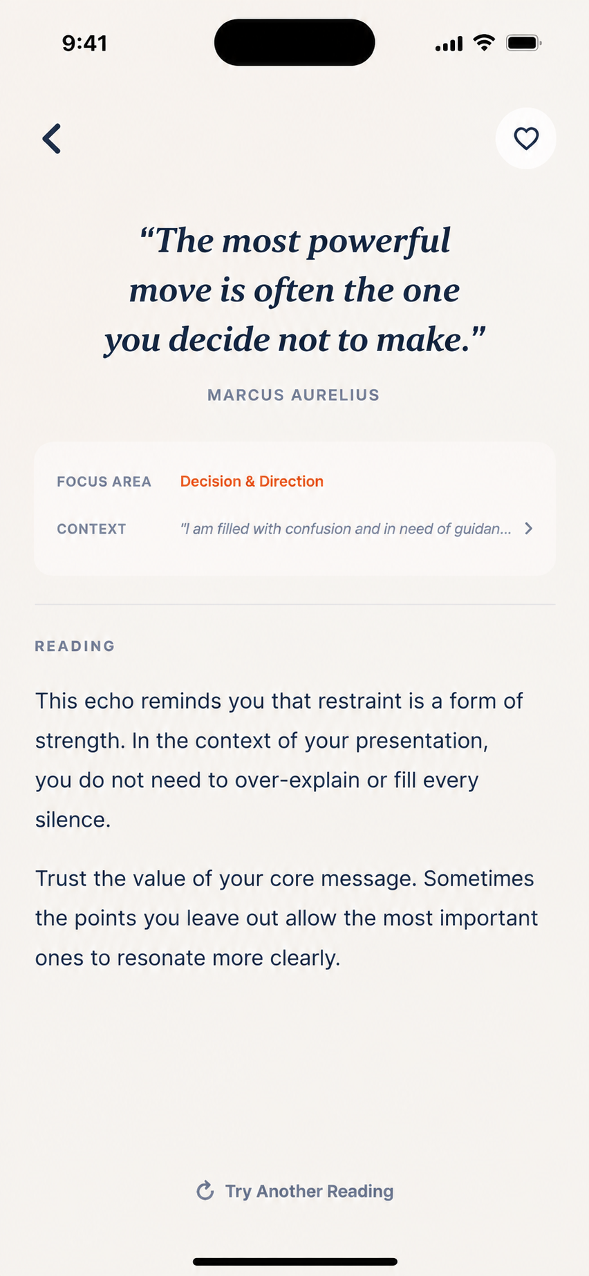 Moment Echo screen showing a quote, focus, context, and generated Reading
